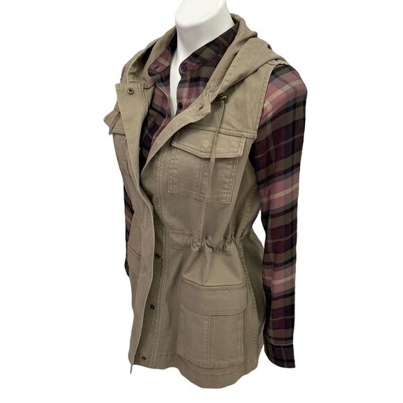 Workshop Republic Clothing Top Womens XS Plaid Hooded Pocket Jacket Vest Nature - Picture 11 of 13
